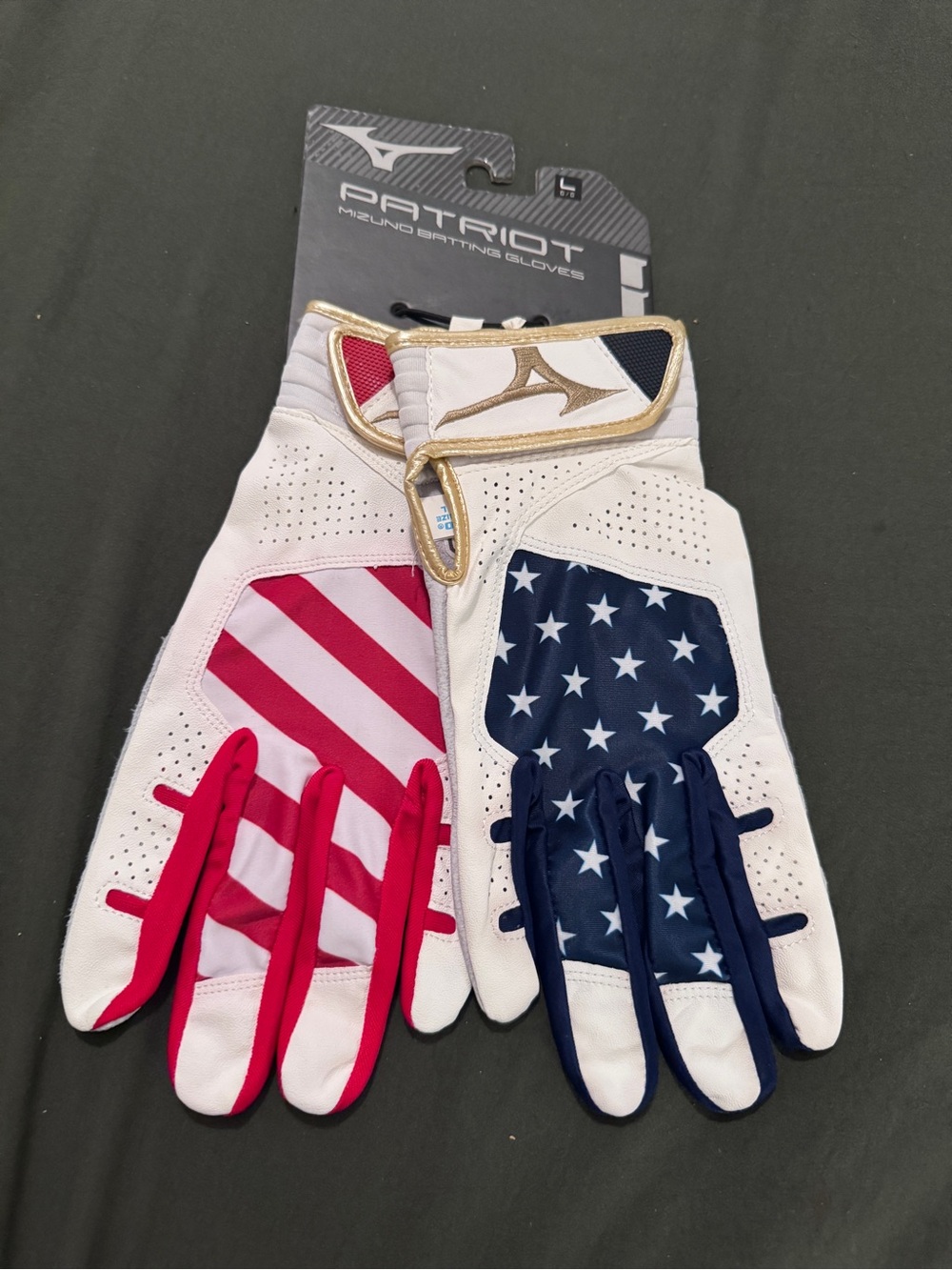 Mizuno Men’s Patriot Batting Gloves — Red, White, Blue with Gold Trim